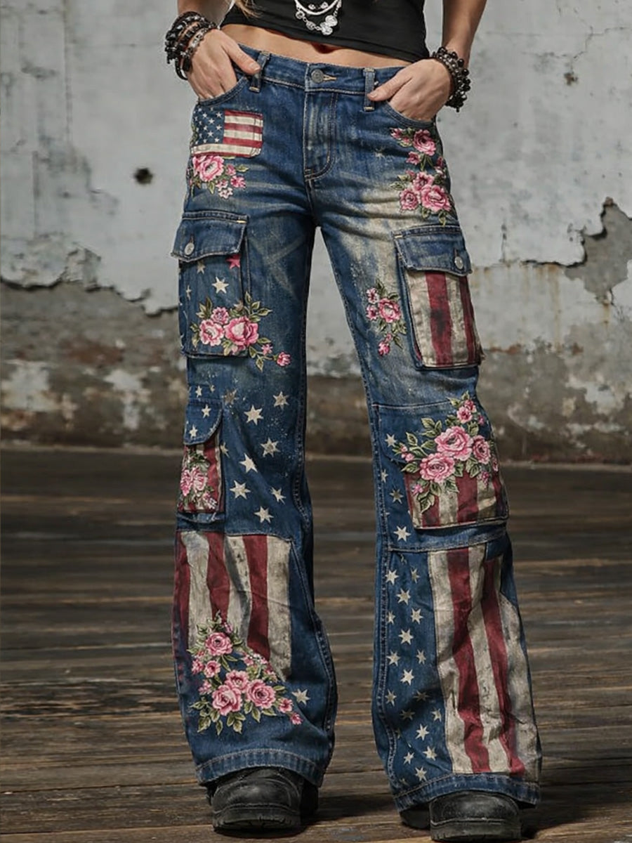 Women's American Flag Art Print Retro Workwear Style Wide Leg Pants